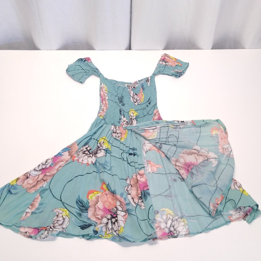 Jaase Floral Off Shoulder Flowing Dress Shirred Boho Teal Medium VGC - Picture 4 of 8